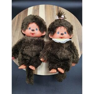 Pair Vintage Monchhichi Sekiguchi Plush Dolls Japan Rubber Face Hands Feet 1970s